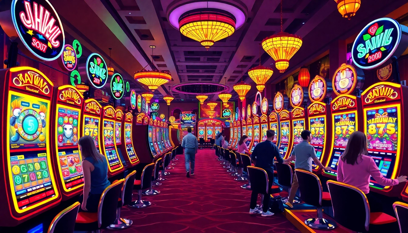 Experience the thrill of hitting slot maxwin in a vibrant casino filled with colorful machines and joyful players.