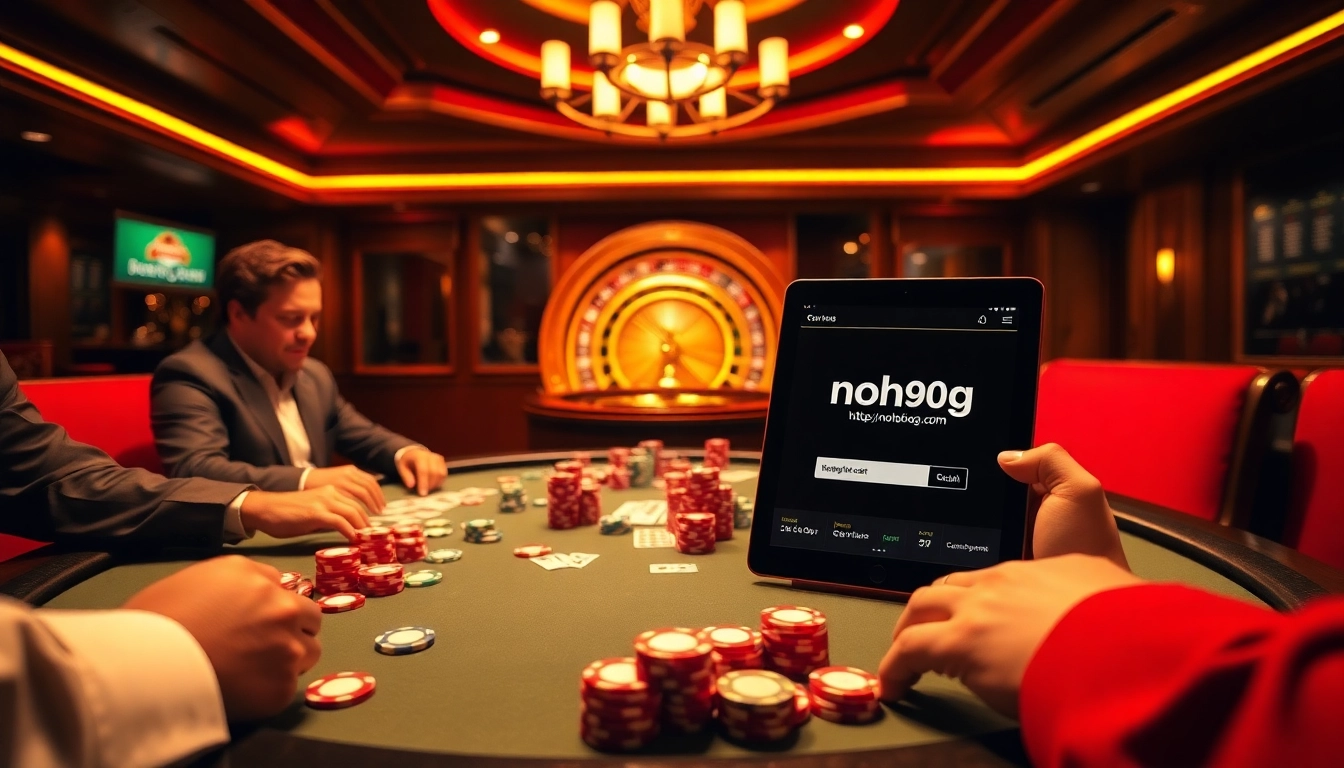 High-stakes poker action at a casino table with various chips, cards, and the online interface from https://nohu90g.com.