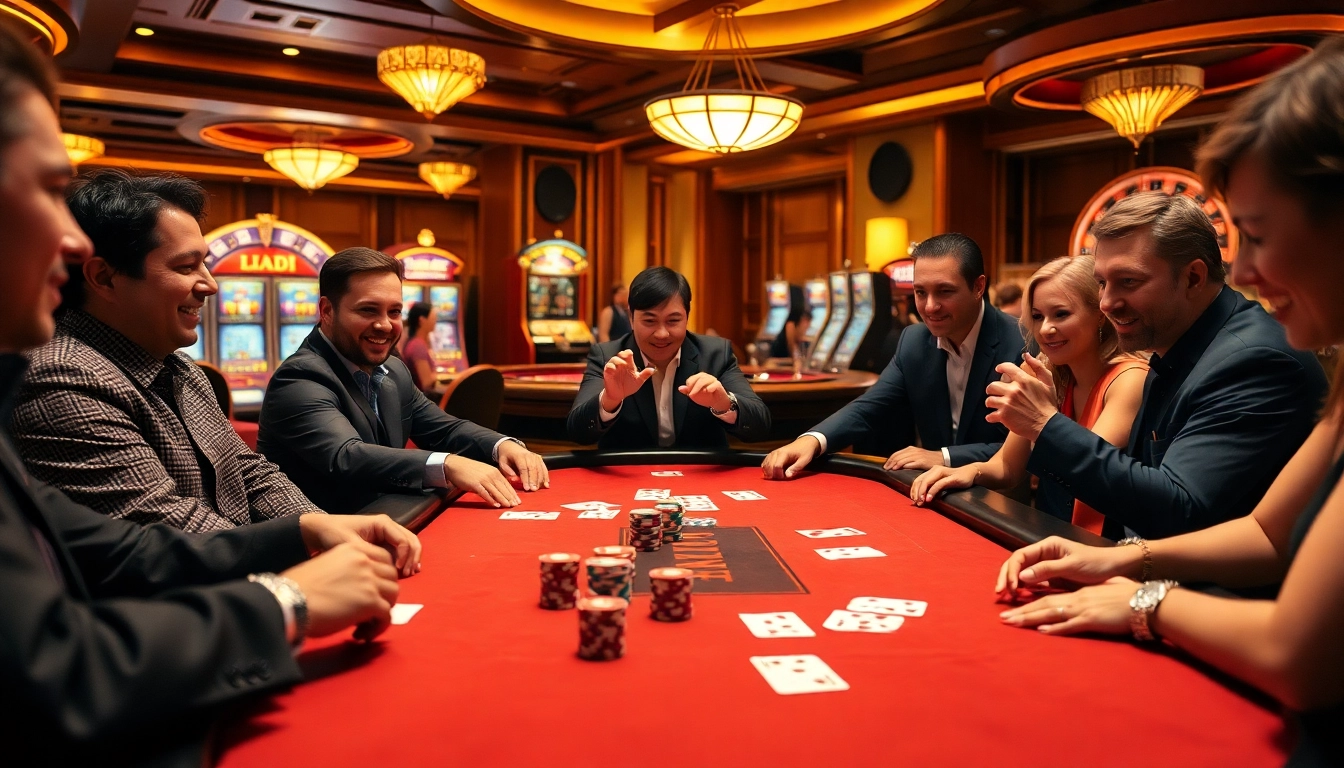 F168 poker table surrounded by eager players enjoying a thrilling game of chance in a luxurious casino setting.
