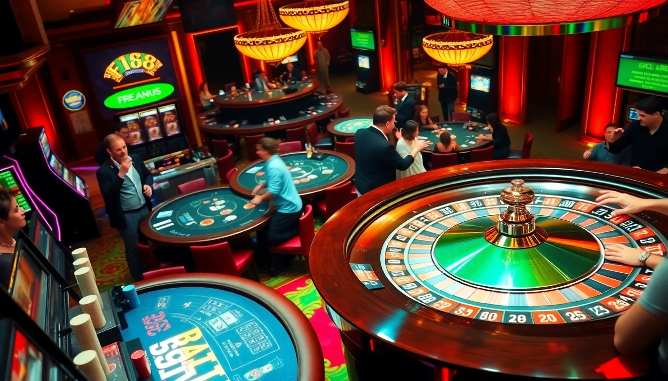 Players revel in the thrill of winning at F168 Casino, celebrating successful spins at the roulette table amidst dazzling lights.