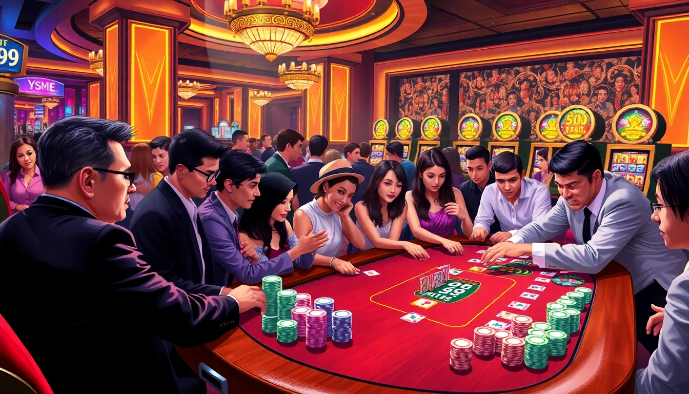 Experience Y999's thrilling poker table action with colorful chips and players strategizing.