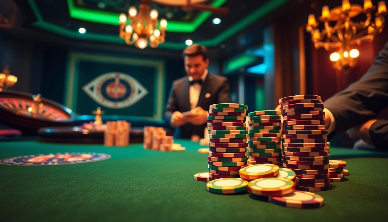 Experience thrilling poker games with high stakes at https://alltutanlicens.se/, showcasing vibrant chips and an elegant dealer.